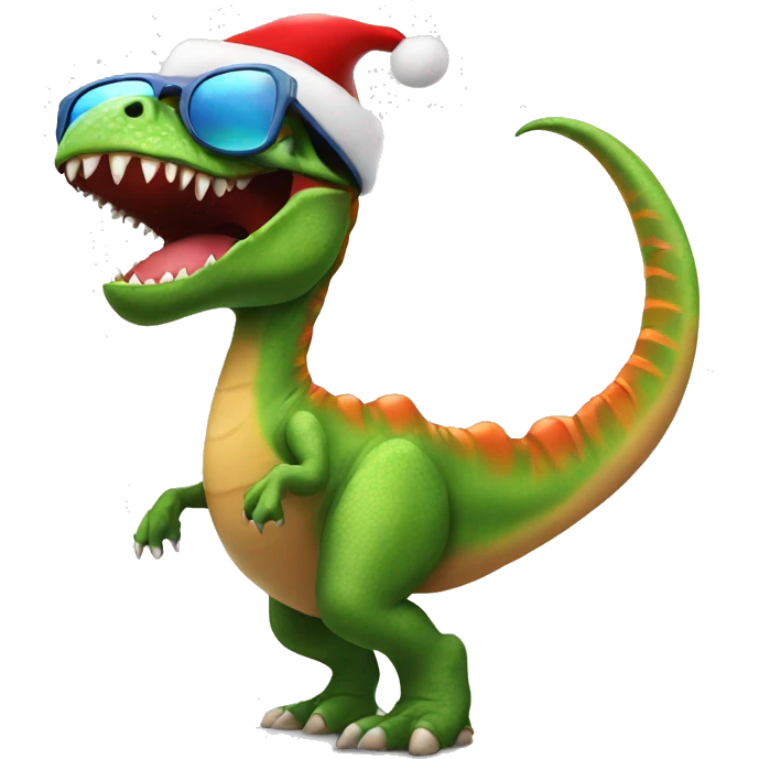 Dancing dinosaur wearing a Santa hat in sunglasses emoji