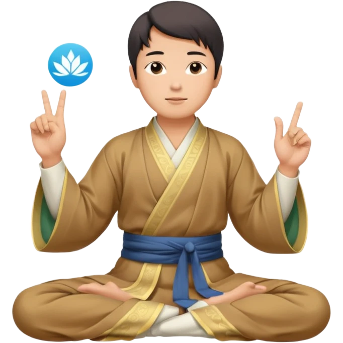 asian man in hanfu closing sitting in lotus pose, pointing one finger to sky as wisdom gesture emoji