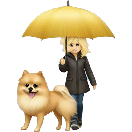 Blonde girl walking pomeranian under the rain emoji