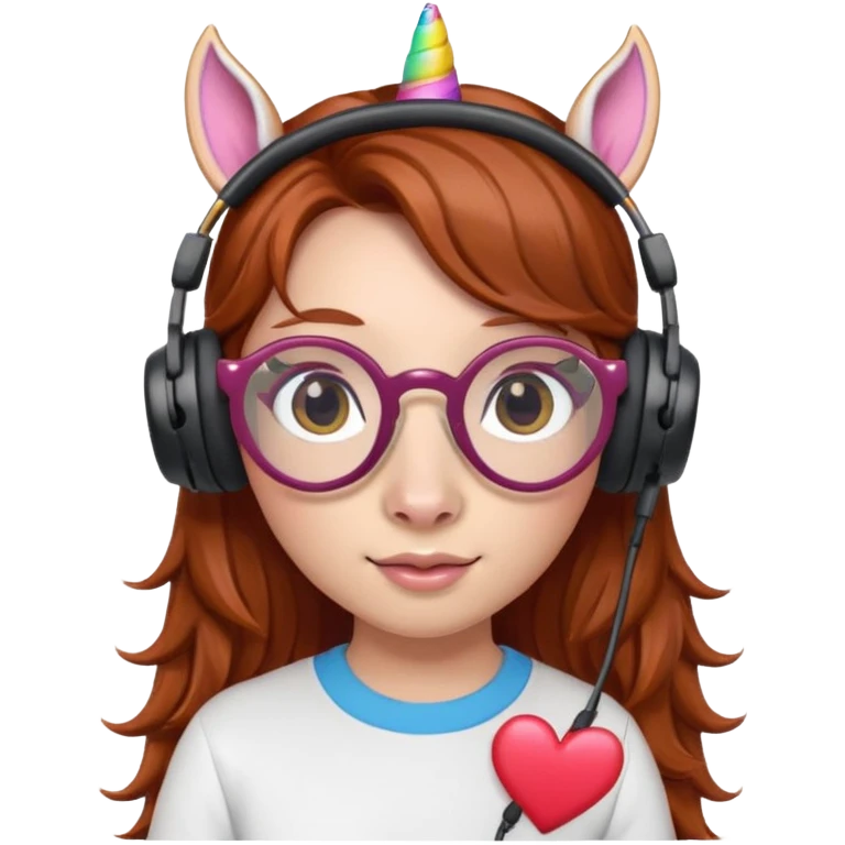 headphone wearing unicorn with dark ginger hair and heart shaped spectacles emoji