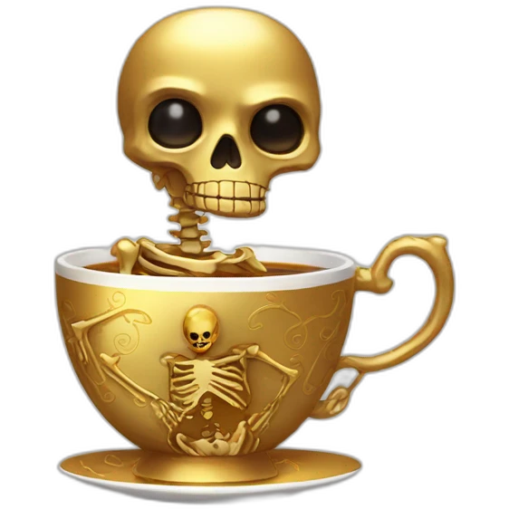 a golden skeleton with hair and golden eyes drinking tea emoji