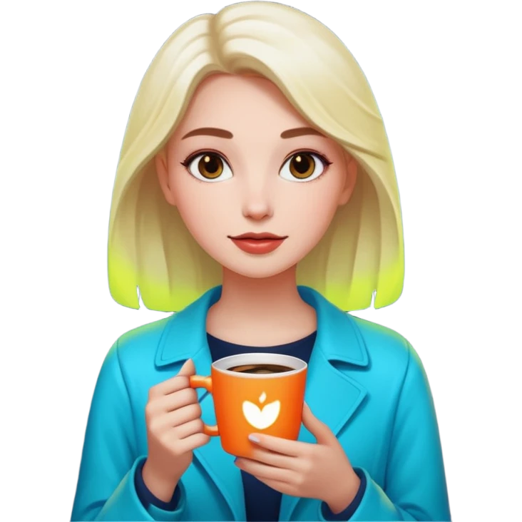 Woman with coffee , neon glow, Midnight Wander. emoji