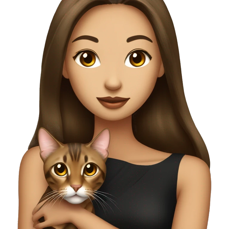 Beautiful skinny woman long dark brown hair in dark dress with gold earrings hug bengal cat emoji