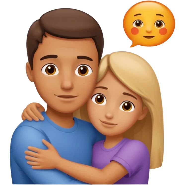 Un homme fait un câlin à sa sœur. Au dessus d’eux il y a le texte ´Gros câlin’ emoji