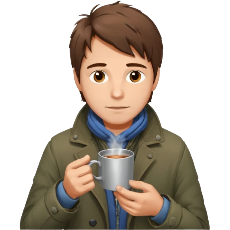 A gentle-looking man with messy hair and layered torn jackets, warming his hands over a small tin cup of hot drink.
 emoji