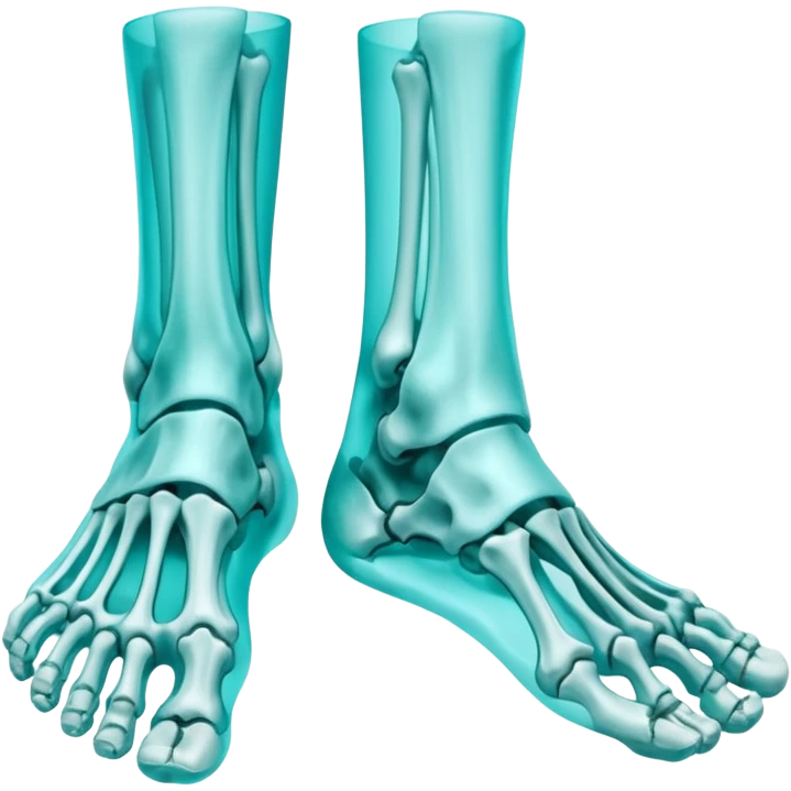 3D render of Foot Bones, X-Ray imaging aesthetic, translucent materials showing internal structure, top-down view of foot bones in cyan glow, medical scan style, emoji style, isolated on white background --v 6.0. emoji