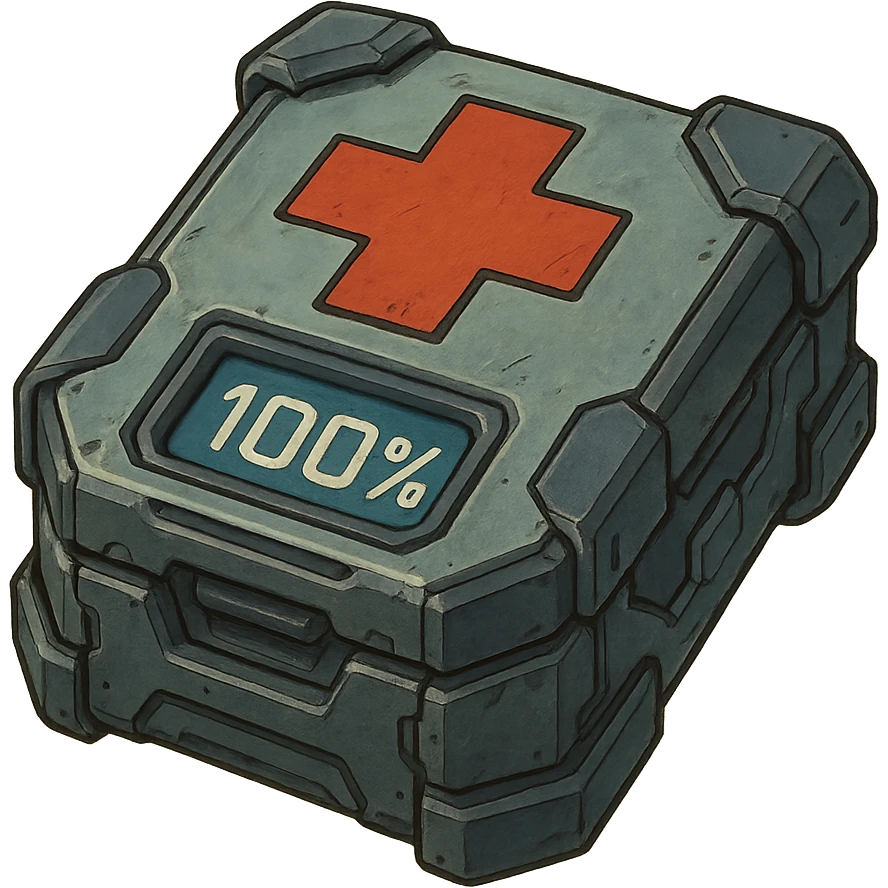 the image is the icon for a videogame pick up item, it is a medkit, medic kit, %100, fututistic cyberpunk, "HALO:  Reach" emoji