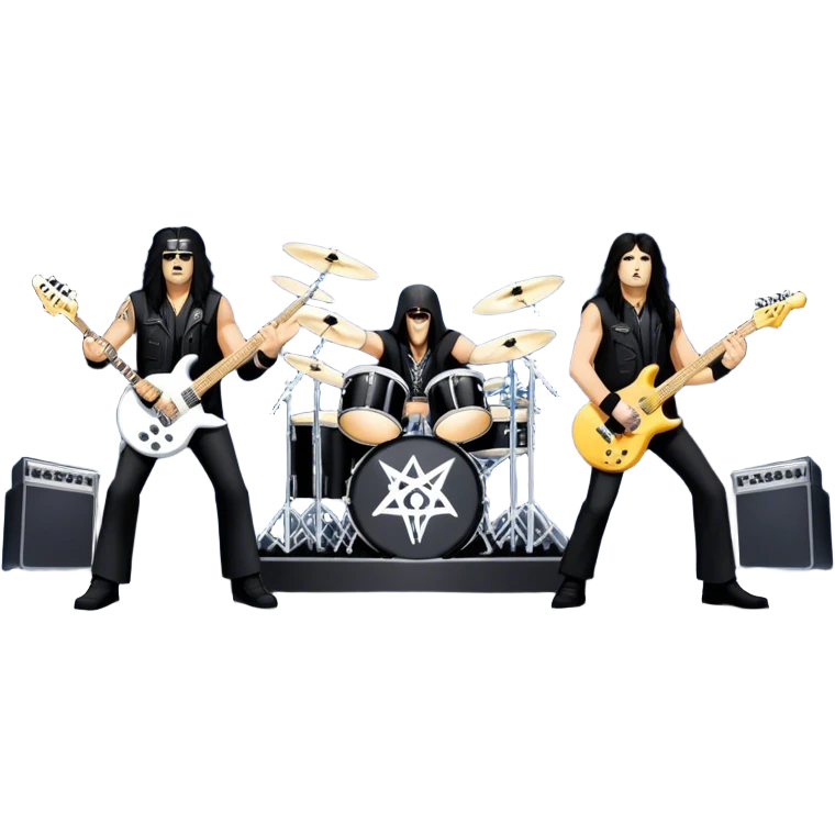 Icon for Heavy Metal: Anthrax live concert with Charlie Benante on drums, Joey Belladonna on vocals, Frank Bello on bass, Jonathan Donais and Scott Ian on guitars. The intense energy of the band is captured with instruments and stage lighting. Transparent background. emoji