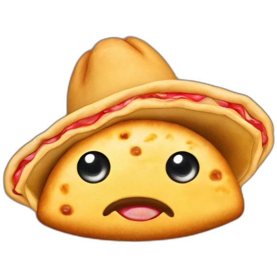 Empanada con ojos manos y pies con un sombrero emoji
