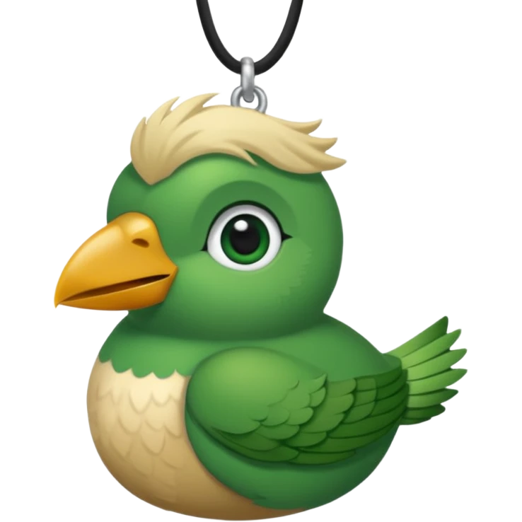 un oiseau classique vert avec un collier avec des breloque argentées et un poil blond qui fait une petite bouclette sur le front  emoji
