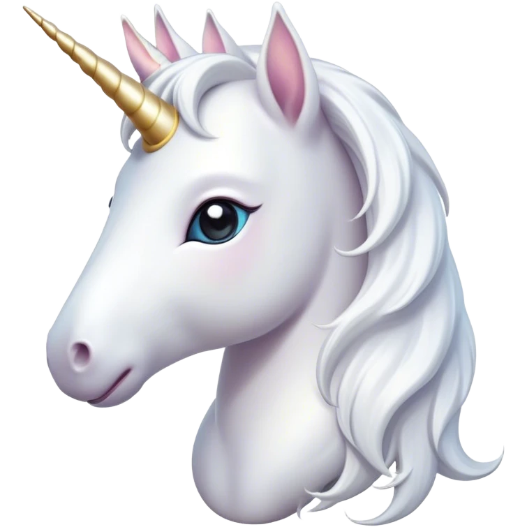Cinematic Cute White Unicorn Portrait Emoji, Head tilted playfully and inquisitively, featuring a charming, petite form with a silky white color, a delicately flowing mane and tail, and a tiny, sparkling horn, with large, dreamy eyes full of wonder, Simplified yet irresistibly adorable features, highly detailed, glowing with a warm, enchanting glow, high shine, affectionate and lively, stylized with a touch of fairy-tale whimsy, soft glowing outline, capturing the essence of a mischievous yet endearing white unicorn that seems as if it could gallop out of the screen into your heart! emoji