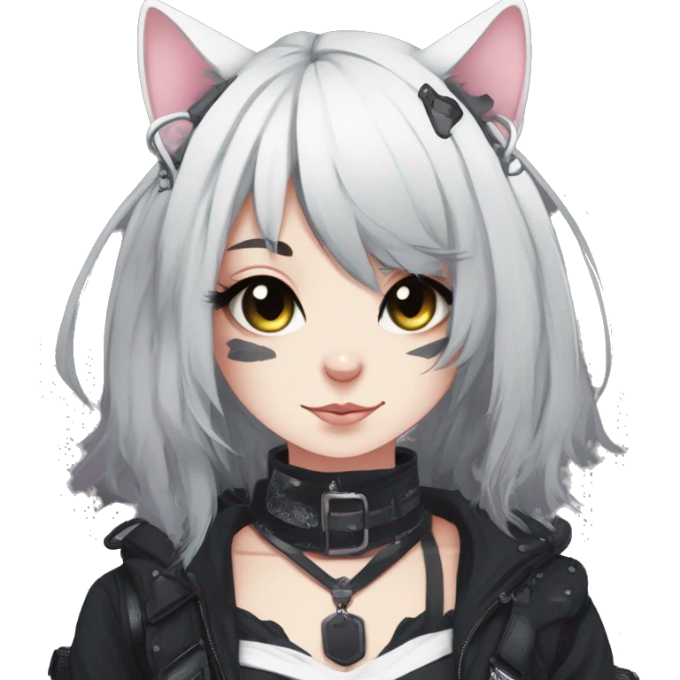 Gorgeous gothic dark techwear anime style anthro cat with blushing face aesthetic and pretty edgy black with collar and harness trending style emoji