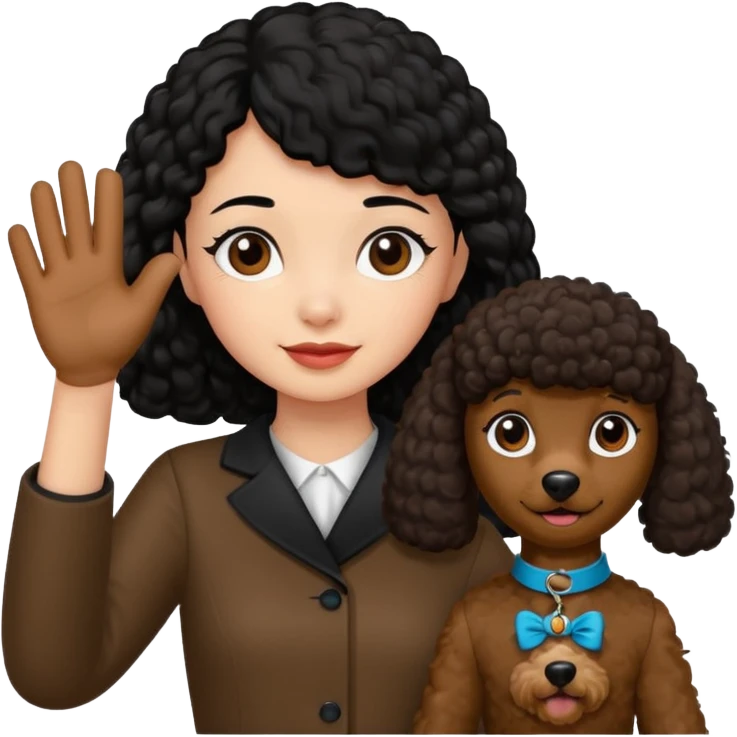 Ponytail black hair girl with brown Poodle say goodbye  emoji