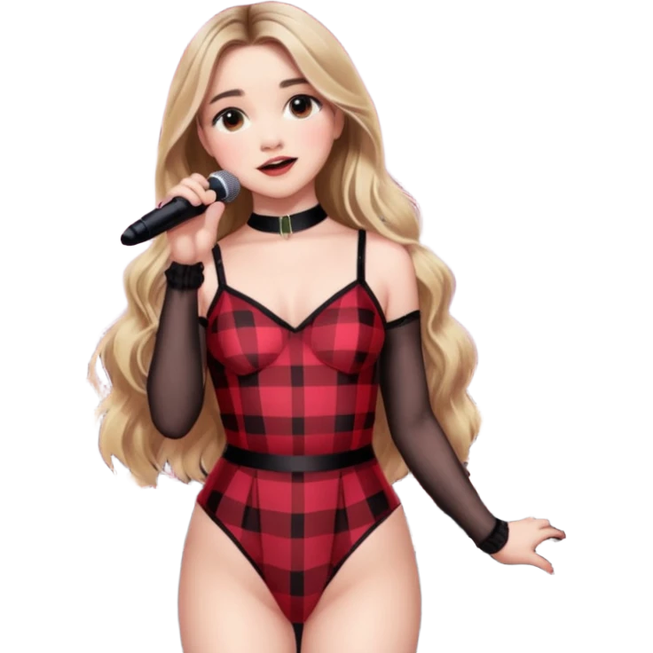 Sabrina carpenter singing at concert wearing a black and red plaid bodysuit  with red sheer top over it with huge crowd and light pink stage setting  emoji