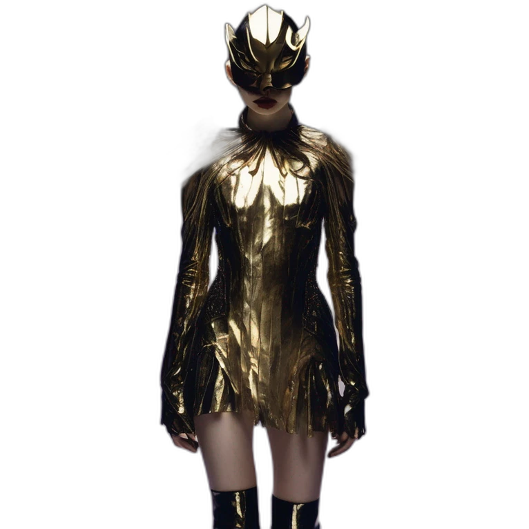 grimes, iris van herpen dress, sword, silver mask, Bathed in shadows, 90 degrees, short lighting, L USM, Cold Colors, gilded technique, extremely hyper aesthetic emoji