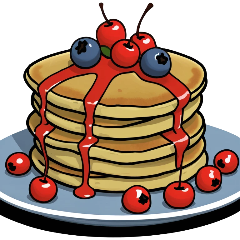 Pancakes glazed with maple surup and have red berries on top  emoji