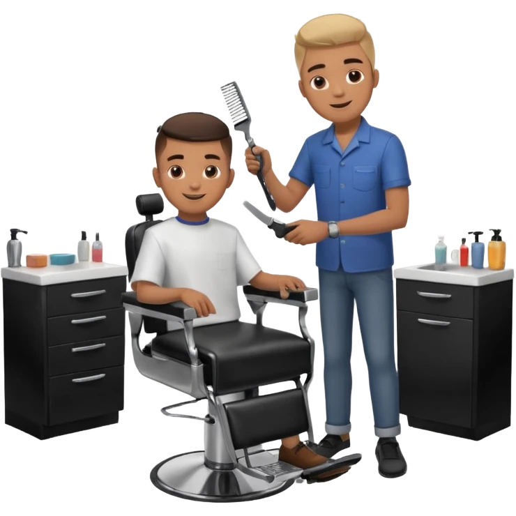 Barber cutting teenage boys hair. Show the boy sat in black barber chair and both having smiles on their faces emoji