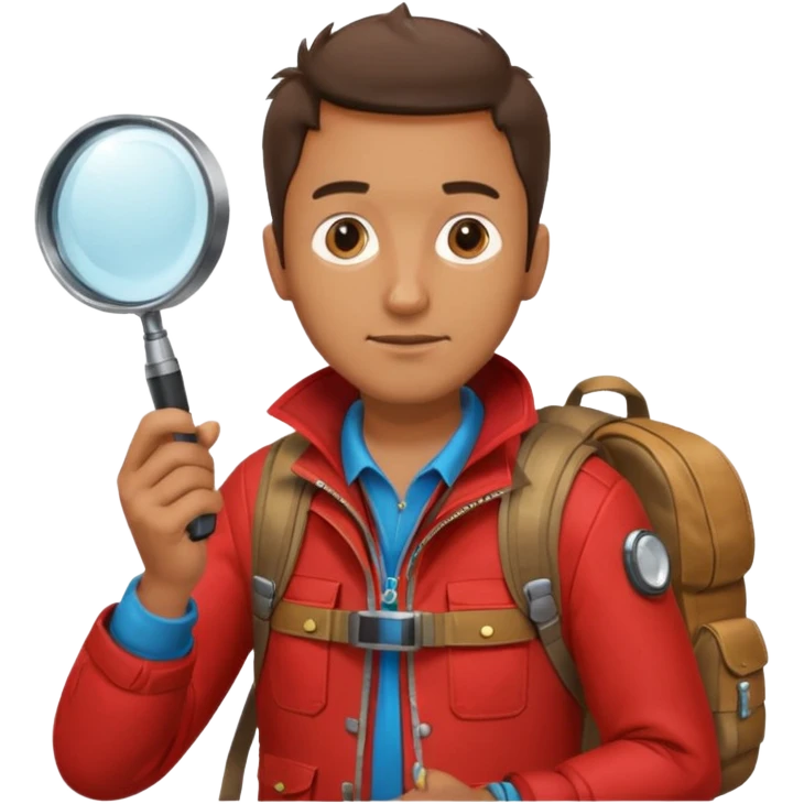 Explorer man with red jacket backpack and magnifying glass emoji