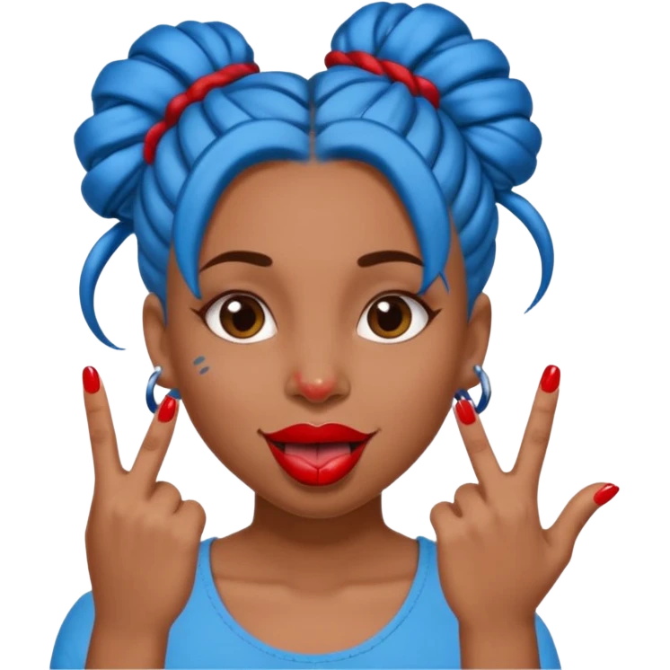 brown girl with blue locs in a bun with tongue out and red nails showing secomdnd finger emoji