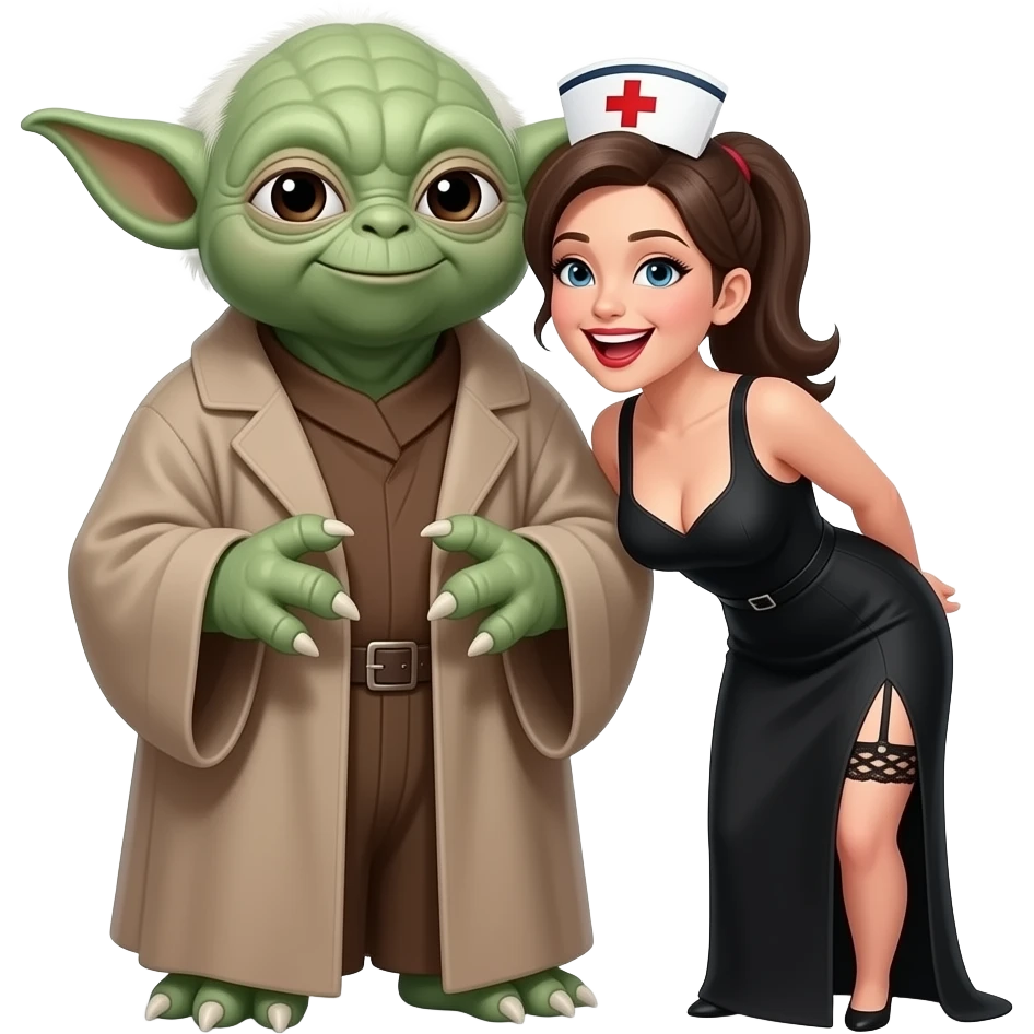 6 foot tall Yoda standing behind a pony  tailed nurse smiling with open mouth, wearing a garter belt, long black dress.Nurse  has DD breasts slit down side of dress bending g over lap emoji