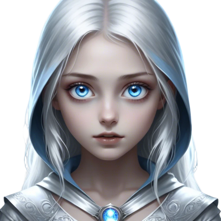Cinematic girl with large sparkling blue eyes, Ultra realistic 32k HD, Breathtaking piece of art, rim lighting, hauntingly beautiful art, mostly greyscale, Balanced features, highly detailed digital artwork, glowing with silver light, glowing, high shine, deviant adoptable, highly detailed clothing, remembrance, a painting of white silver, fanciful, enchanting, ghostly, embodying the essence of both reality and fantasy, dreamy, dreamy glow, optical illusion, immaculate composition, complex pose, air composition. The image is so lifelike that it feels as though it could leap off the canvas at any moment emoji
