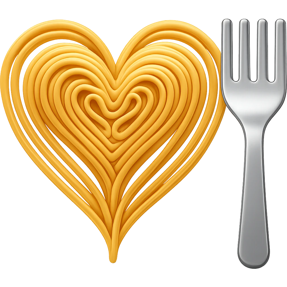 Add a silver fork next to the heart made of spaghetti in the style of emoji. Keep the emoji style look and no background. emoji