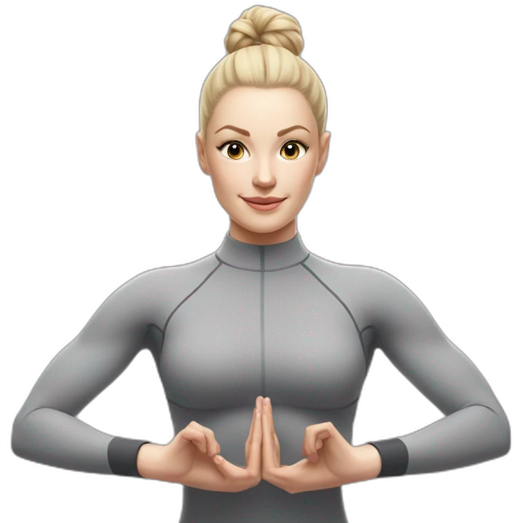 Pale skinned fit woman In a gray tight yoga suit and wristbands With ash blonde hair in a bun doing yoga emoji