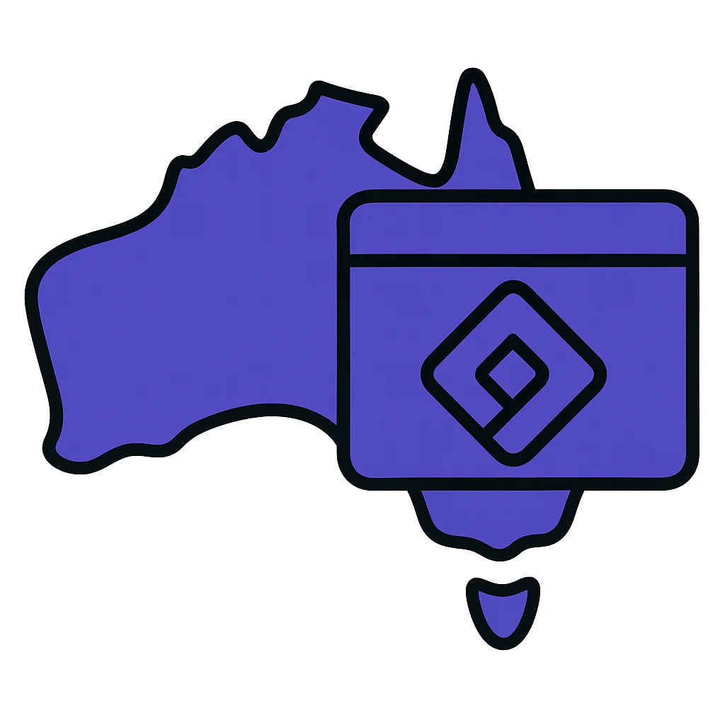 Map of Australia with the official Microsoft Power Pages icon overlay, no digital web overlay, use #403DAD as the main color, clean and modern, no text emoji