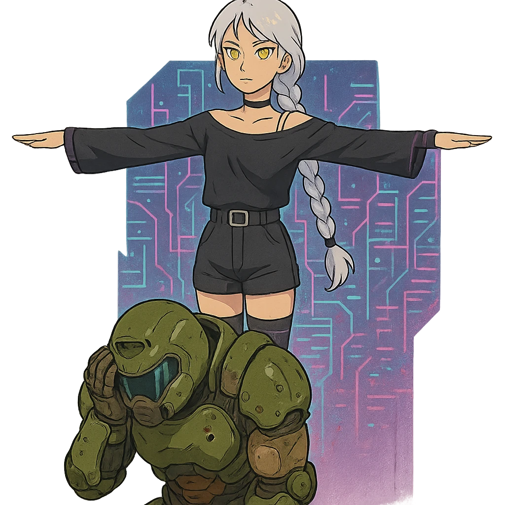  young woman with gold yellow eyes, white hair, long braid, black off-shoulder top, punk gothic style, futuristic cyberwave cyberpunk,, she is calmly t-posing above a cowering doomguy emoji