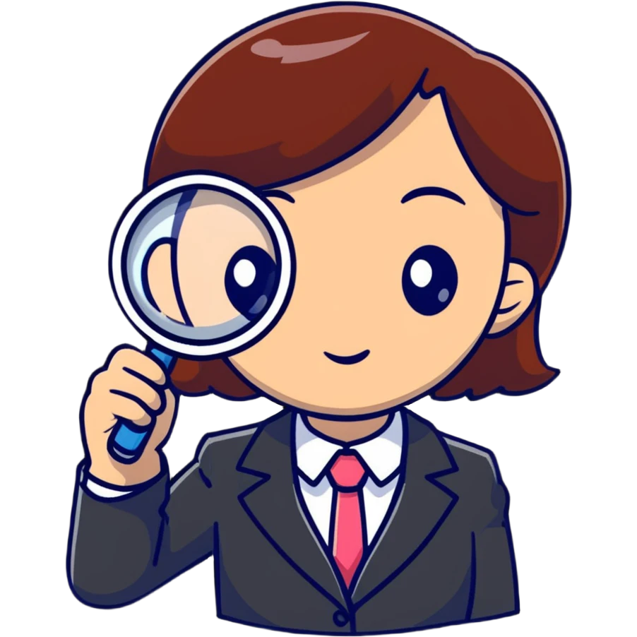 girl detective in a suit, peering through a magnifying glass, inquisitive expression emoji