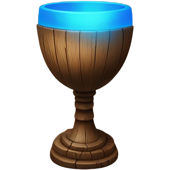 A magical goblet, large and imposing, made of aged wood with a smooth surface. It emits a vibrant blue light, standing out as a symbol of power and mystery. emoji