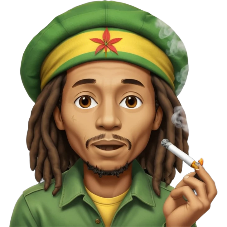 Bob Marley version cartoon fumant un jour de beuh dans la bouche avec beaucoup de fumé et un effet vraiment voyant sur son visage qu’il n’est pas dans son état normal emoji