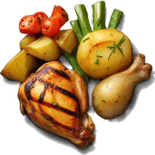 Grilled chicken, with cooked potatoes and grilled vegetables on a plate emoji