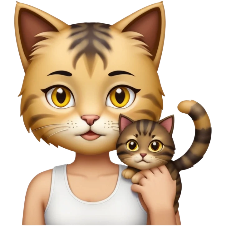 make me emoji hugged tabby fluffy cat with yellow eyes, person is black straight hair with kinda asian chocolate eyes but still have eyelids, with latina lashes and eyelashes, wear white tanktops emoji