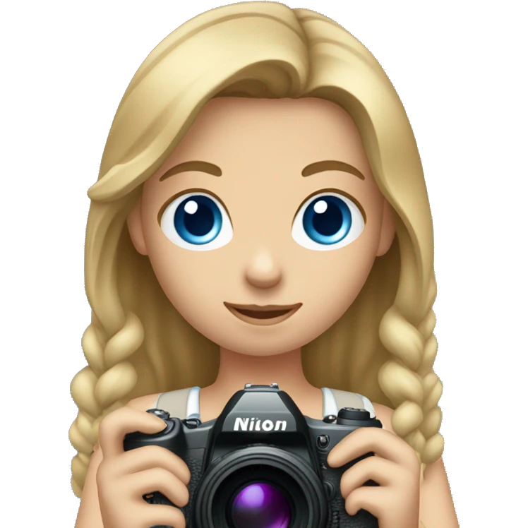 Girl with dark blonde Haie and BLUE eyes Holding a Nikon Camera in her hands emoji