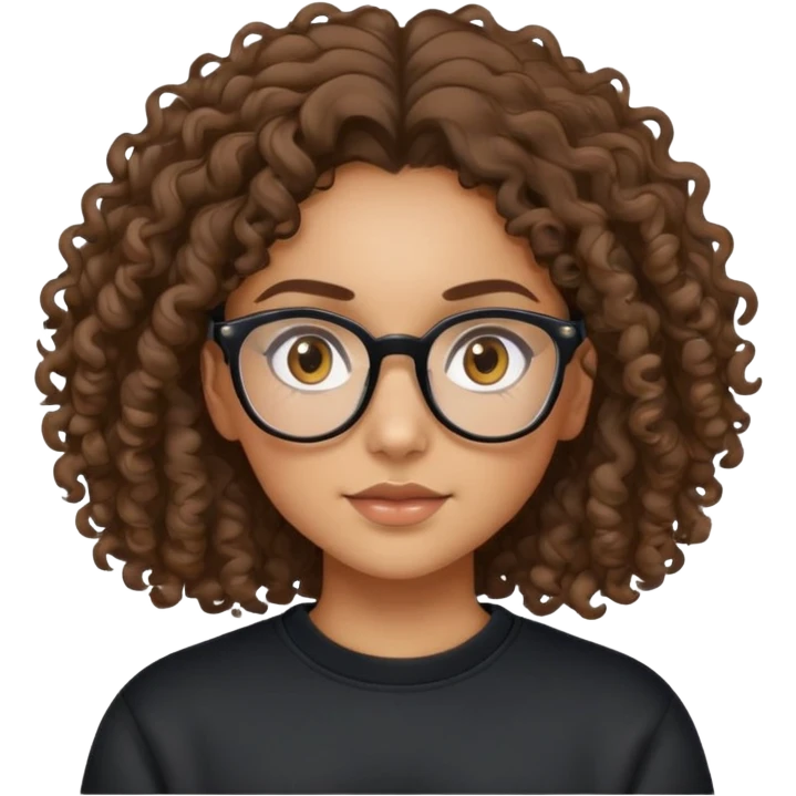 Mixed girl /curly long hair brown / with brown eyes glasses black sweat shirt middle part emoji
