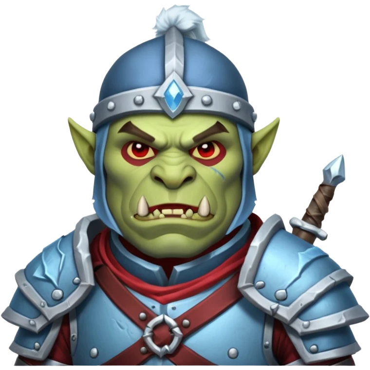 
Fantasy Christmas orc legion soldier icon, iron tundra army theme, heavy winter armor, disciplined brutal look, icy blue steel armor with deep crimson accents, frozen metal texture, cold winter atmosphere, male variant emoji