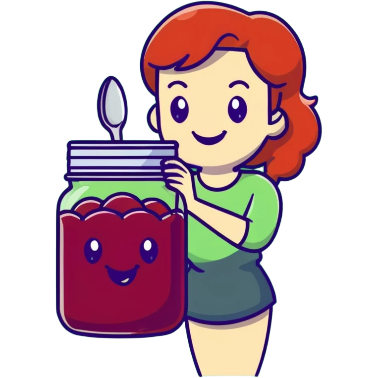 redhead woman with big smile holding a glass jar with jam in one hand and a little spoon with jam in other hand emoji