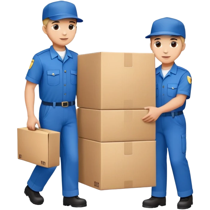 two workers in blue uniforms and hat caps carrying a large box emoji