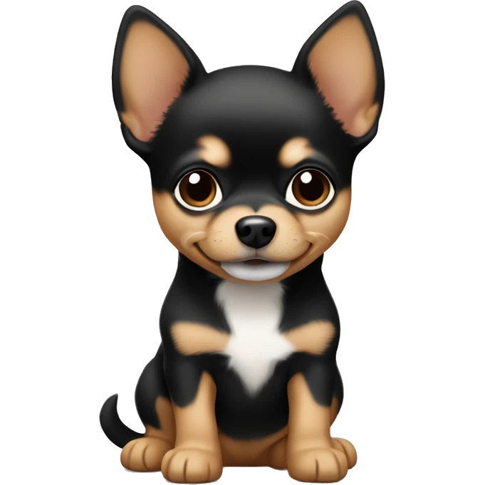 The face of a puppy that is a mix of Chihuahua and Spitz in black tan. emoji