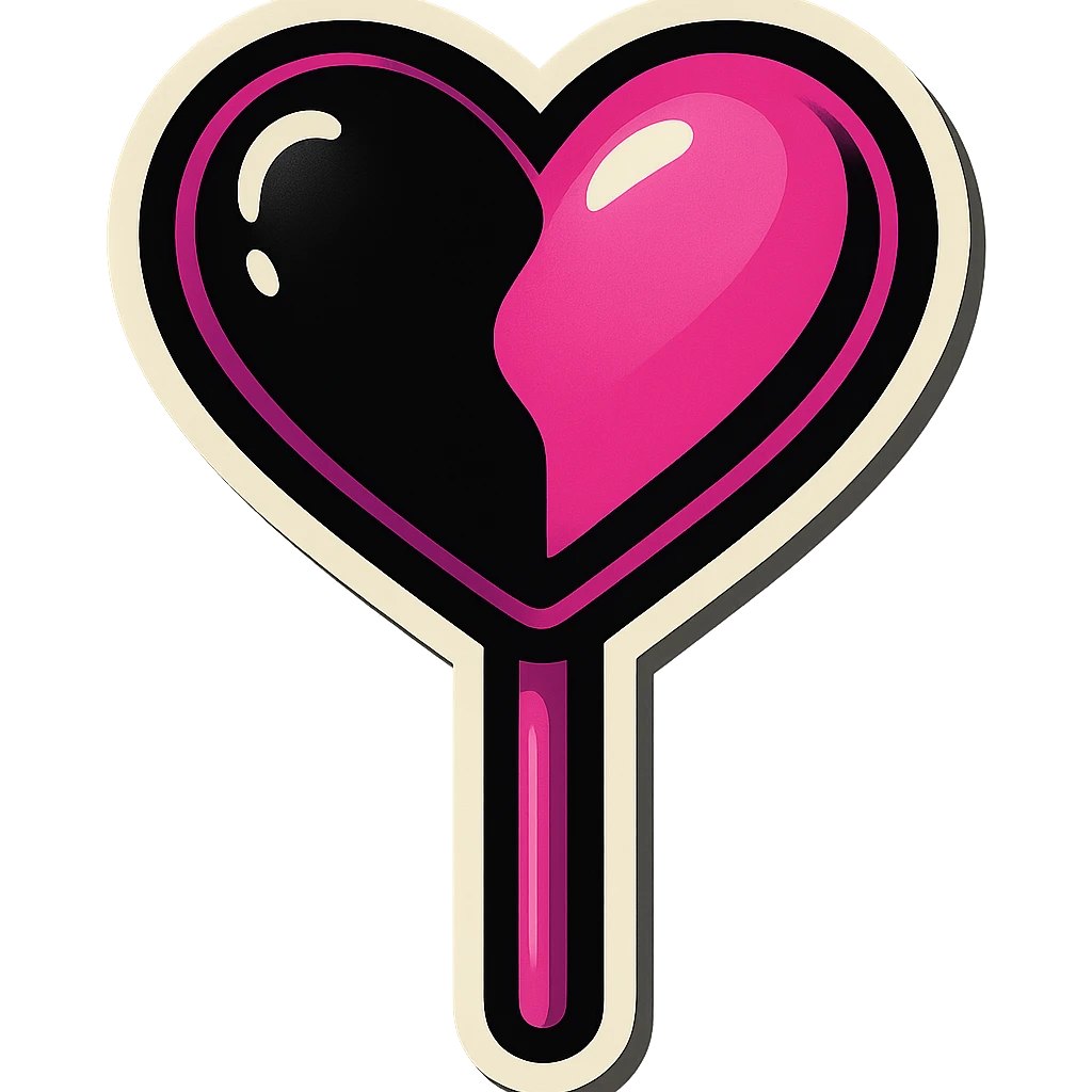 retro sticker style heart-shaped lollipop in black and pink, bold outlines, fun and energetic, inspired by BLACKPINK emoji
