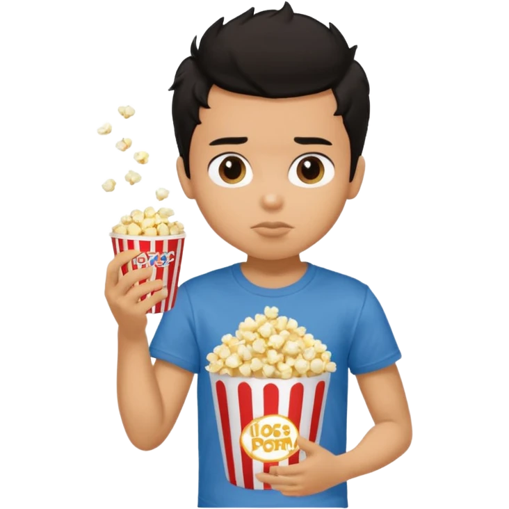 generate a pretty tan bratz boy with a brown tshirt on. eating a popcorn. messy black hair emoji
