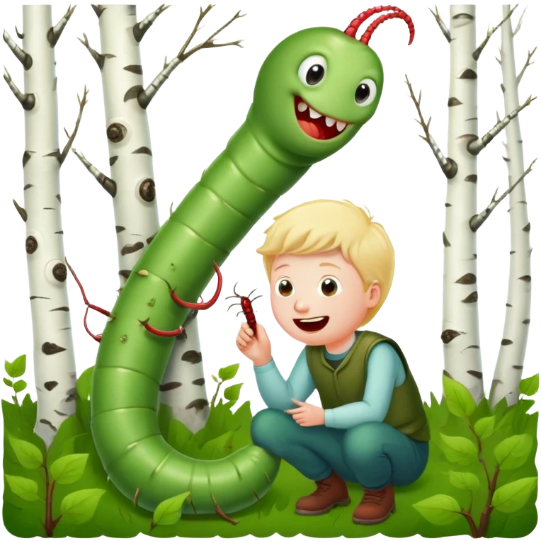 A laughing worm sits in an empty clearing and examines a clearing with lice. Lice like this picture.  No one dares to approach him. Finally, one boy dares. The worm notices him and says, "Who are you?  ""Volodya Korablev."  The worm turns its back on him and continues to contemplate the field of lice.  Volodya Korablev feels uneasy.  Then he sees a nail on a birch tree and grabs it.   The engine, he thinks.  And he hits the worm with a nail with all his might. The worm bursts, its green pimply back turns red, and everything around it turns red. The lice flee in terror. emoji