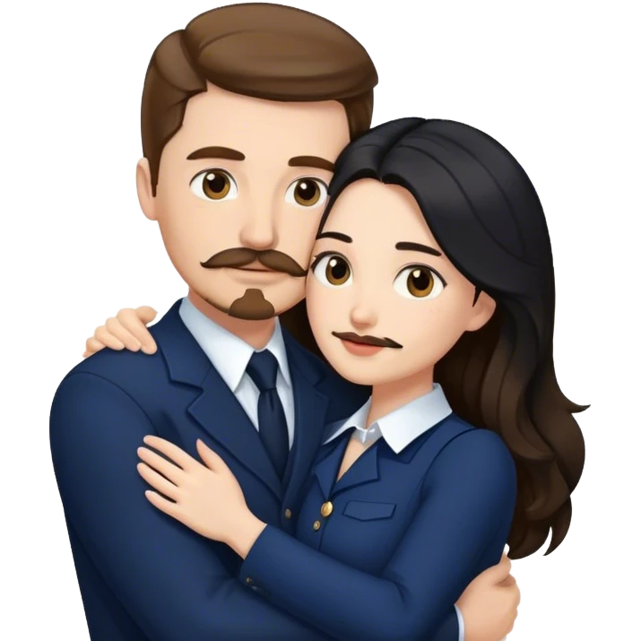 tall white man with brown hair goatee mustache hugging a pale woman with long black hair, wearing navy formal clothing emoji