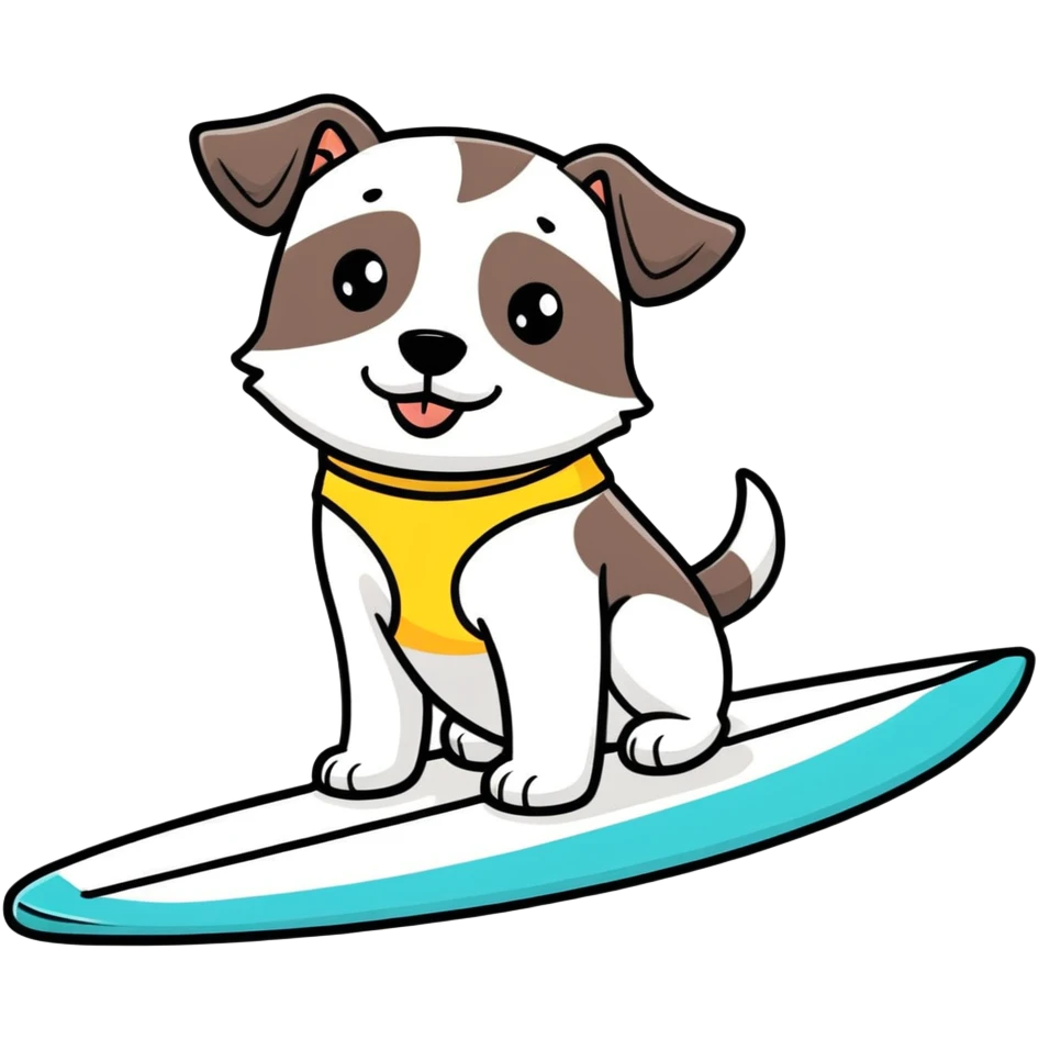 Dog with swim trunks on a surfboard  emoji