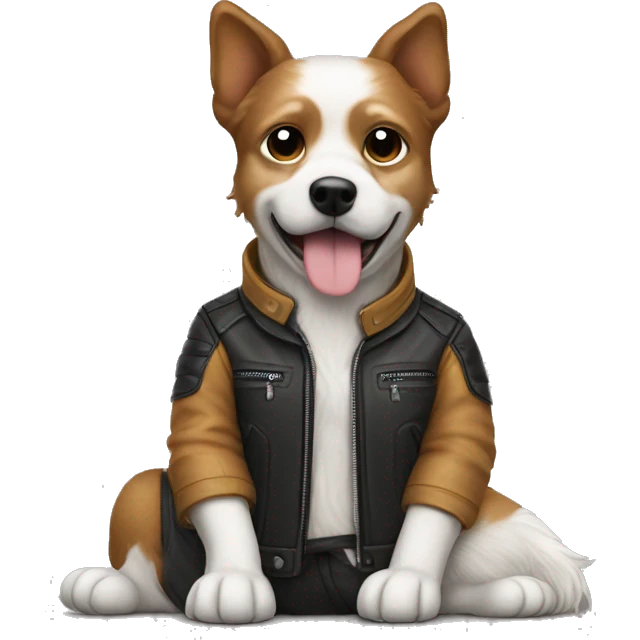 working with laptop small dog wearing moto jacket emoji