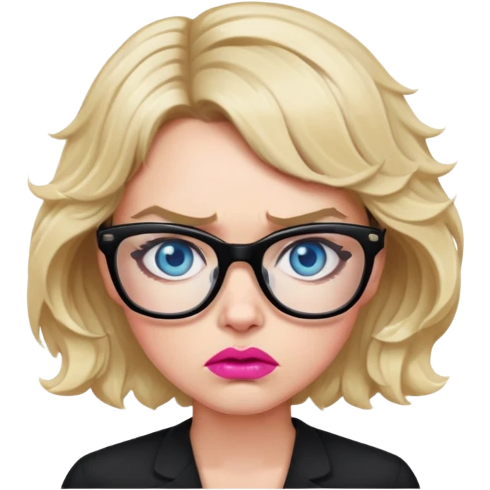 Blonde woman with short wavy hair, blue eyes and pink lips wearing black glasses looking angry emoji