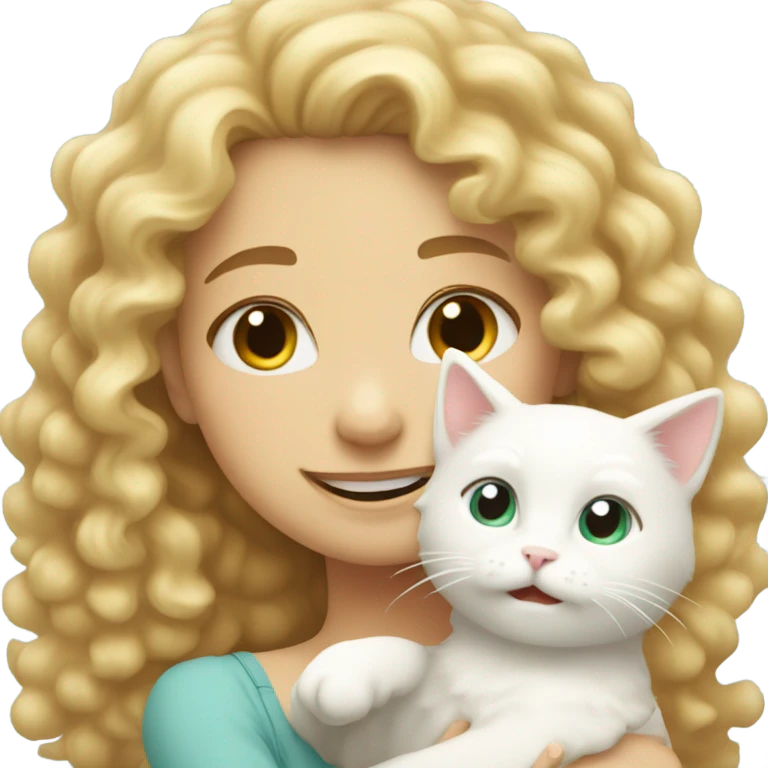 Smiling, curly haired, blonde girl, hugging white, god cat emoji