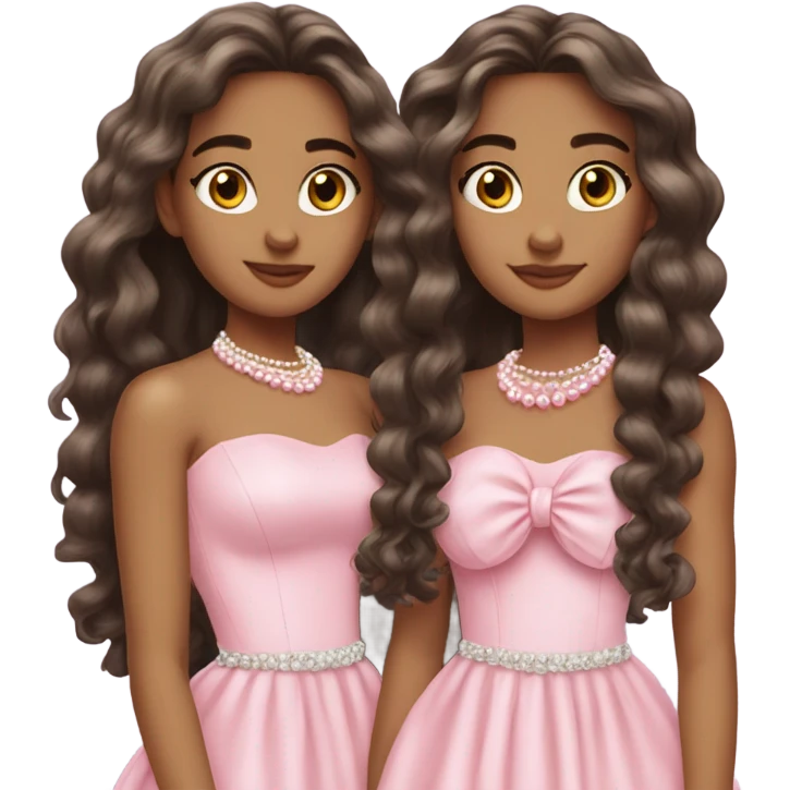 two pretty teenage Latina twins. pink. Long hair. Pink bows. Pearls. Light pink. Diamonds dress. emoji