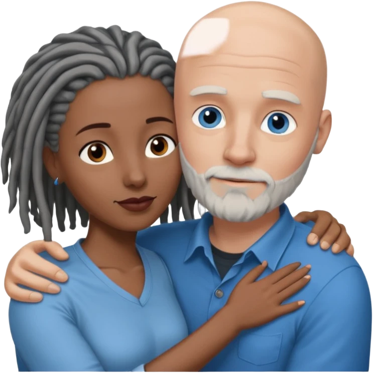Tall bald white man with a short white beard and blue eyes in a lovingly embrace with a black woman with brown eyes and grey hair dreads emoji